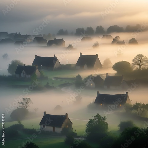 A mystical village perched atop a floating island, shrouded in eternal fog. The edges of the island drop off into an endless abyss, and wooden pathways extend between the village’s stilted huts, preca photo