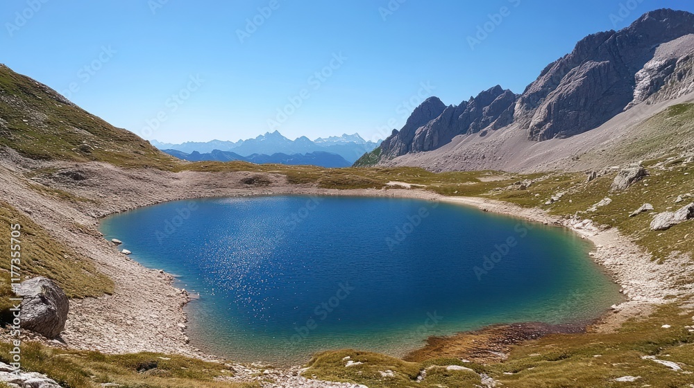 A serene mountain lake surrounded by rocky terrain and distant peaks under a clear blue sky. A serene mountain lake surrounded by rocky terrain and distant peaks under a clear blue sky.