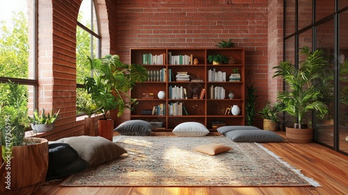 Cozy Indian-Inspired Modern Reading Nook with Exposed Brick Wall and Rosewood Bookshelf