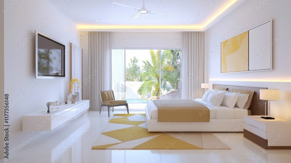 Fototapeta premium Contemporary Indian Fusion: Guest Bedroom with Geometric Indian Rug and Statement Art Piece