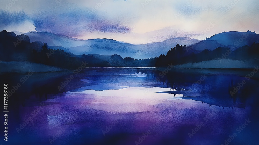 Serene watercolor landscape of mountains reflecting in a tranquil lake at dusk. Serene watercolor landscape of mountains reflecting in a tranquil lake at dusk.