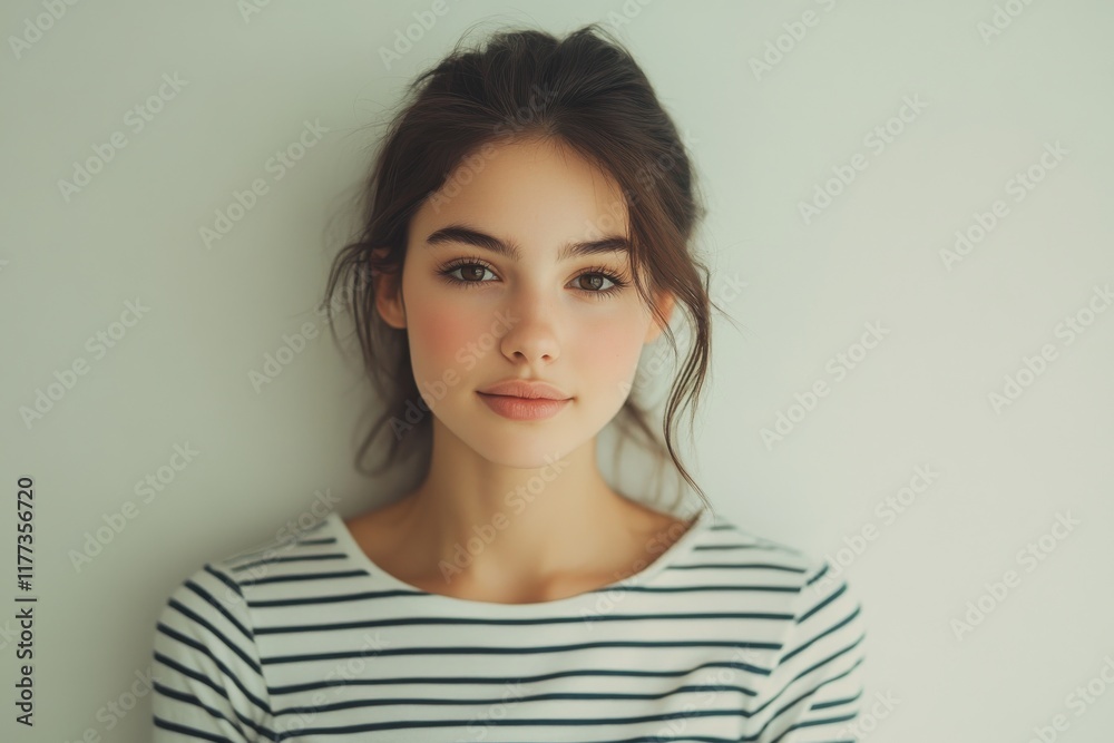 Young woman in striped t shirt posing confidently against minimalist background Young woman in striped t shirt posing confidently against minimalist background