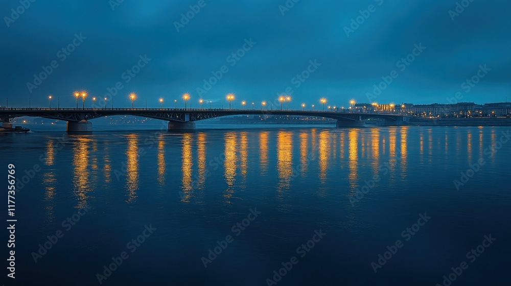 Fototapeta premium A serene nighttime view of a bridge reflecting lights on the water's surface.