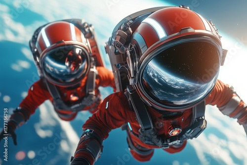 A vibrant 3D illustration of identical twins dressed as astronauts, floating together in space with Earth in the background