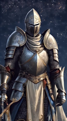 sky starry ai holding art offensively crusader generation resolutely night stands fantasy him longsword intimidating against before generated stand magic background game mystic dream mystery photo