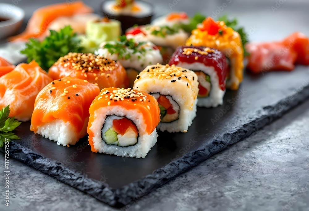 Delicious Variety of Sushi Rolls on a Dark Slate Plate Delicious Variety of Sushi Rolls on a Dark Slate Plate