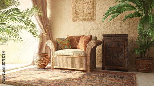 Modern Indian Interior: Cozy Corner with Cane Armchair, Ethnic Cushions, and Antique Chest Side Table - Cinematic Image