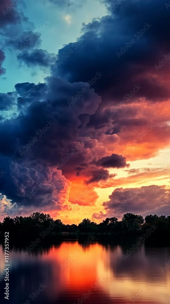 Dramatic sunset clouds reflect on tranquil lake during early evening hours Dramatic sunset clouds reflect on tranquil lake during early evening hours
