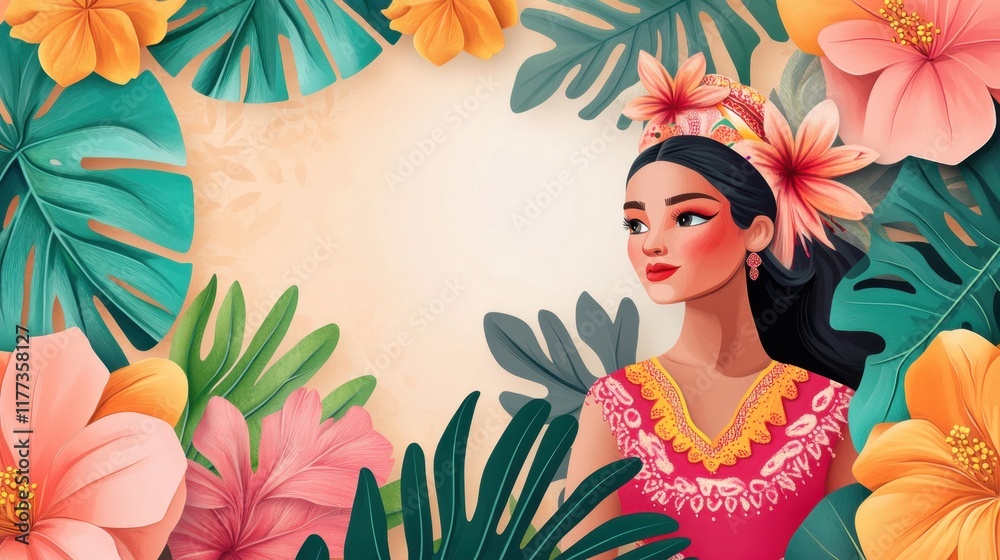 Beautiful Woman Adorned with Tropical Flowers and Lush Greenery in Vibrant Illustration Beautiful Woman Adorned with Tropical Flowers and Lush Greenery in Vibrant Illustration