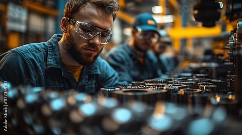 A focused worker wearing safety glasses carefully inspects machinery parts in an industrial setting, symbolizing precision, dedication, and modern manufacturing processes