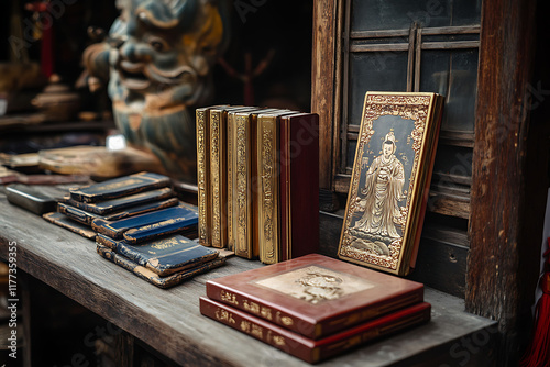 Antique Asian Books And Religious Artwork On Display