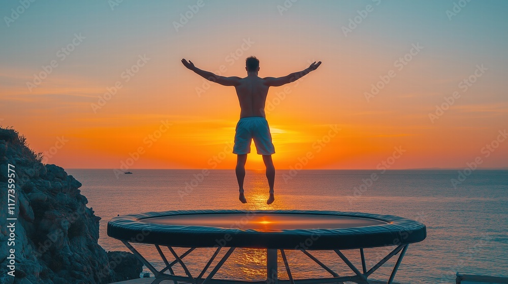 Fototapeta premium Man Jumping on Trampoline at Sunset