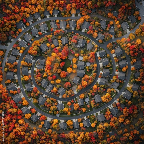 curved modern layout seen from bird's eye view aerial drone view above Suburb neighborhood with fall colors charging leaves and gorgeous colorful landscape above houses and homes  photo