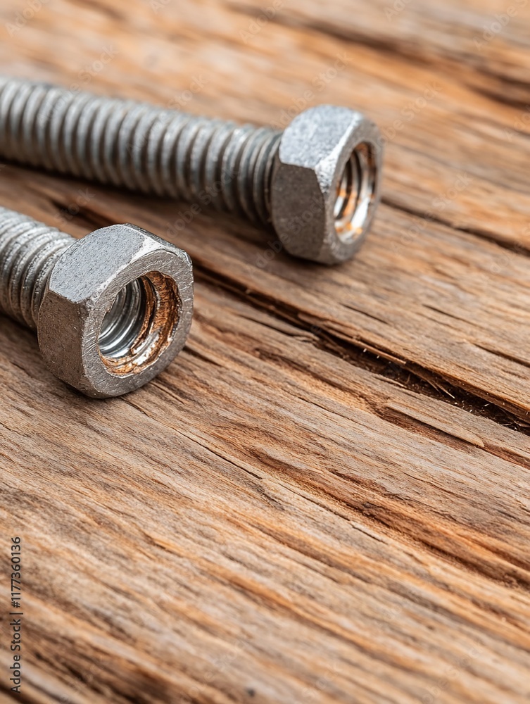 Close-up of two metallic bolts and nuts on rustic wood. Close-up of two metallic bolts and nuts on rustic wood.
