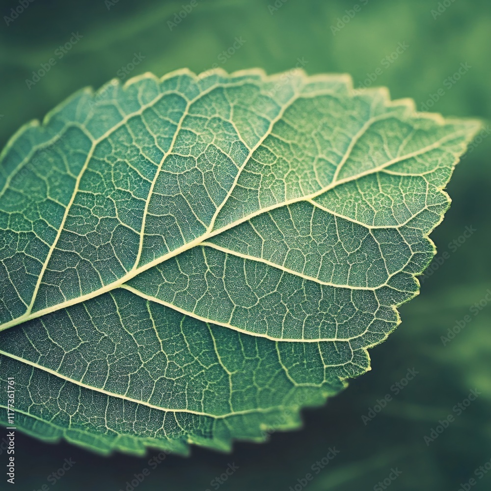 Close-Up of a Green Leaf with Intricate Veins and Texture Against a Soft Background Close-Up of a Green Leaf with Intricate Veins and Texture Against a Soft Background
