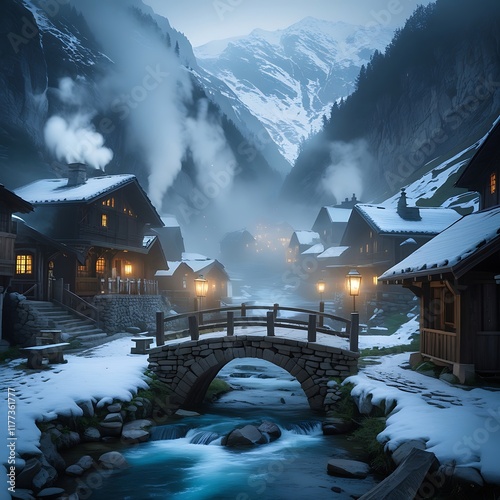 A mystical village perched atop a floating island, shrouded in eternal fog. The edges of the island drop off into an endless abyss, and wooden pathways extend between the village’s stilted huts, preca photo