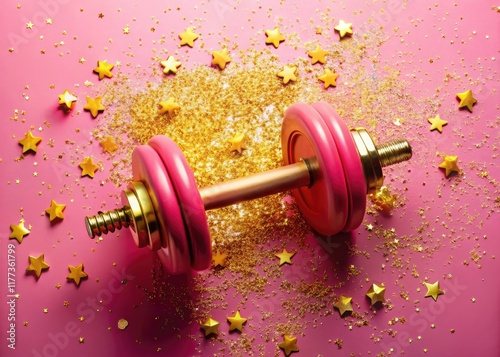 Elevate your fitness goals this New Year!  Pink dumbbell confetti, aerial shotâ€”your perfect gym gift awaits. photo