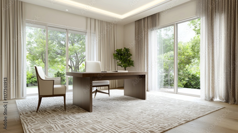 Fototapeta premium Contemporary Indian-Inspired Home Office with Block-Printed Curtains and Plush Rug by Large Windows