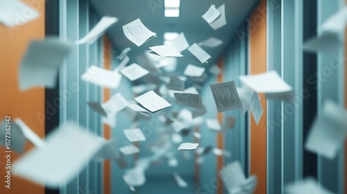 Tornado of Flying Papers and Documents in Dynamic Office Scene photo