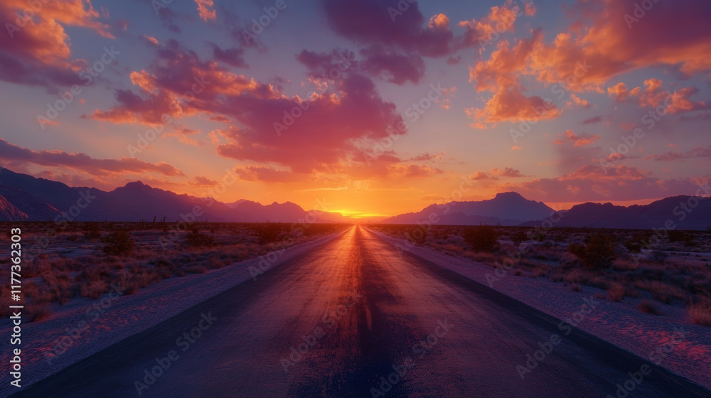 Obraz premium Majestic desert road stretching toward vibrant sunset, surrounded by mountains and colorful clouds, creating serene and breathtaking landscape
