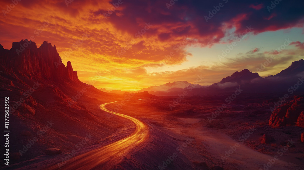 Fototapeta premium stunning landscape featuring winding road through desert at sunset, with vibrant colors illuminating sky and mountains in background, creating serene atmosphere