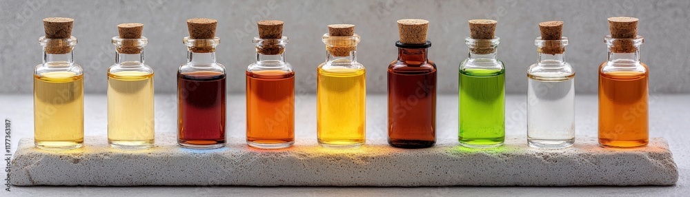 Collection of Small Bottles with Colorful Liquids Displayed on a Neutral Background Collection of Small Bottles with Colorful Liquids Displayed on a Neutral Background