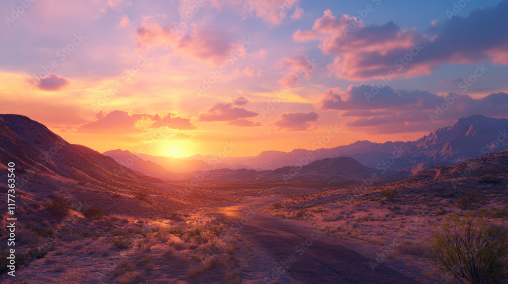vibrant sunset over quiet desert landscape, showcasing colorful skies and distant mountains. serene atmosphere evokes sense of peace and tranquility vibrant sunset over quiet desert landscape, showcasing colorful skies and distant mountains. serene atmosphere evokes sense of peace and tranquility