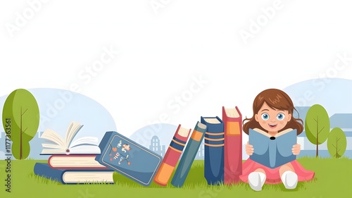 Happy Girl Reading a Book in a Lush Floral Setting