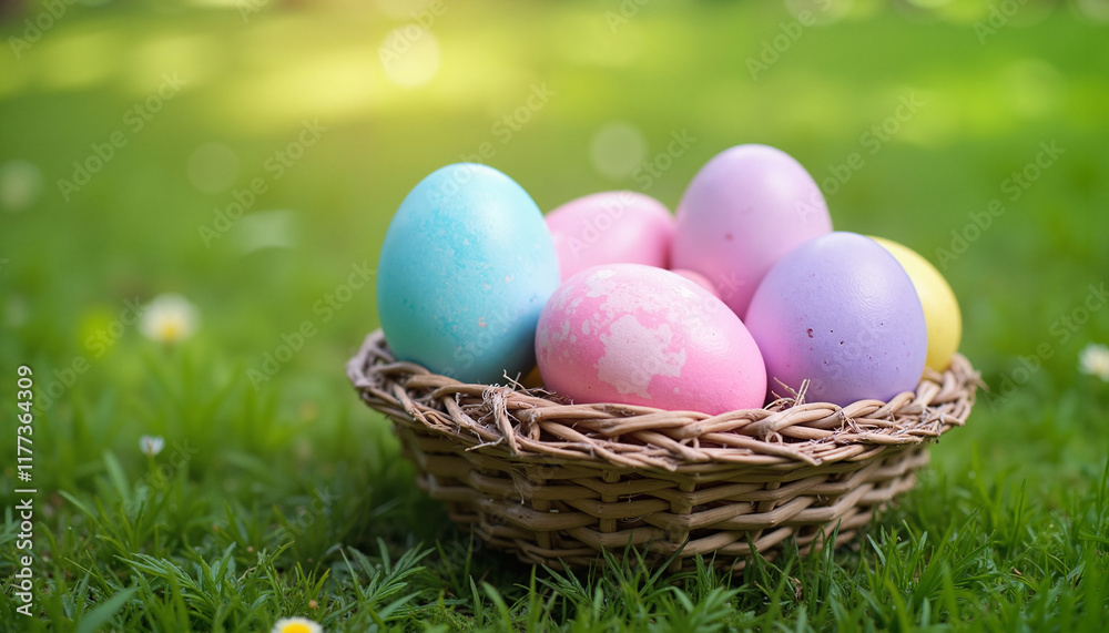 Colorful Easter eggs in wicker basket on green grass Colorful Easter eggs in wicker basket on green grass