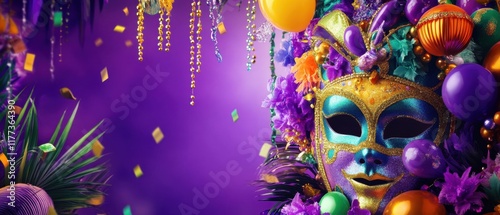 Vibrant Mardi Gras Mask with Balloons and Beads for Festive Celebration photo