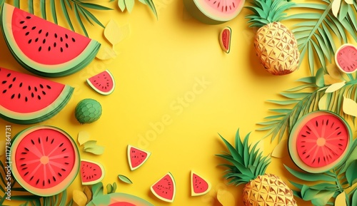 3D Paper-Cut Style Colorful Tropical Fruits on Yellow Background. Watermelon and Pineapple Showcase.