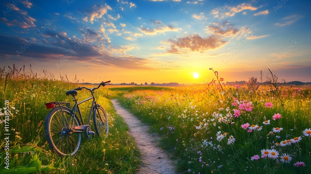 Obraz premium Tranquil Sunset Scene with Bicycle Along a Scenic Path Surrounded by Colorful Wildflowers and a Breathtaking Sky Displaying Soft Clouds and Warm Tones