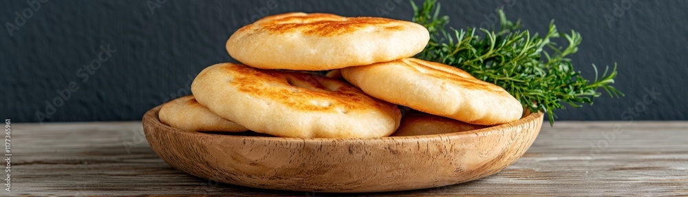 Freshly Baked Soft Flatbreads on Rustic Wooden Plate with Green Herbs in Natural Light Freshly Baked Soft Flatbreads on Rustic Wooden Plate with Green Herbs in Natural Light