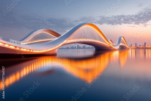 The Sheikh Zayed Bridge in Abu Dhabi, with its sweeping curves illuminated against the night sky photo