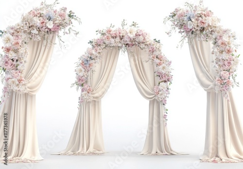 3D Realistic Wedding Arches with White and Beige Flowers, Curtains, and Garlands. Collection Set on White Background.