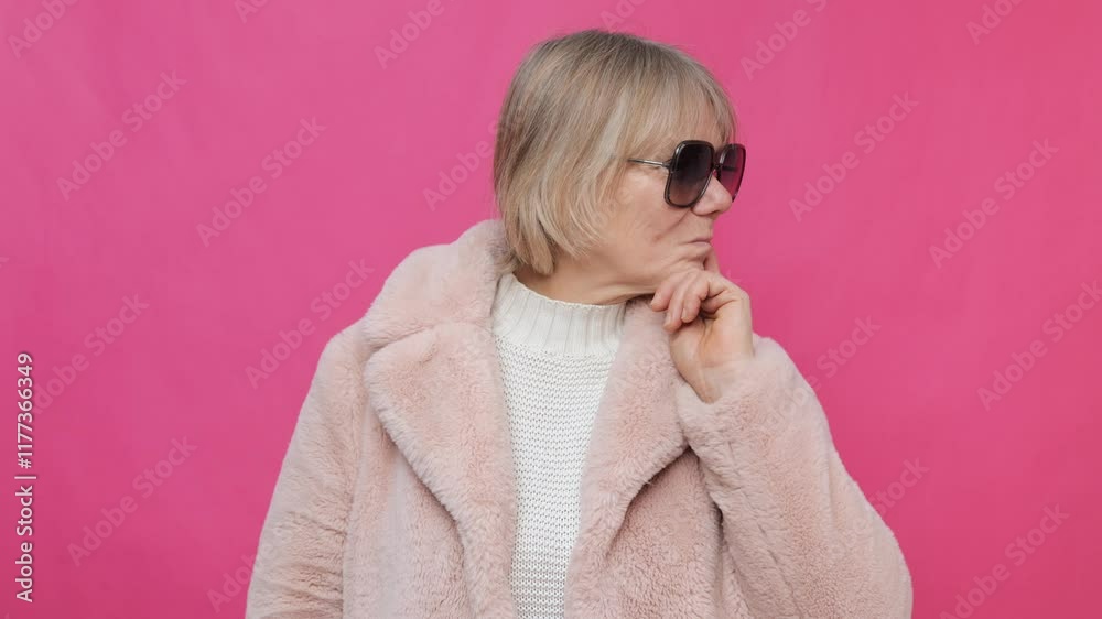An elderly woman poses with a playful expression while wearing oversized sunglasses and a soft pink fur coat. The bright pink background adds a lively contrast to her thoughtful demeanor An elderly woman poses with a playful expression while wearing oversized sunglasses and a soft pink fur coat. The bright pink background adds a lively contrast to her thoughtful demeanor