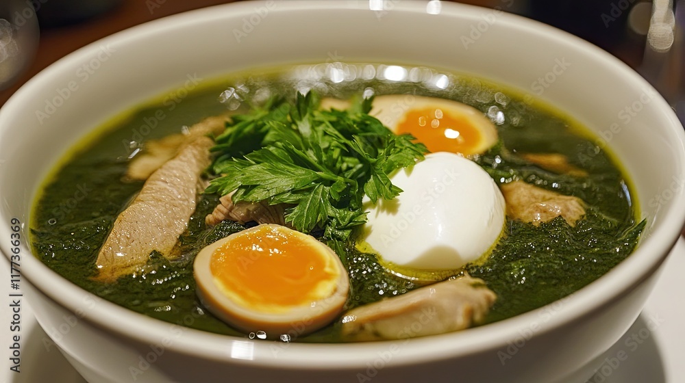 Sorrel and nettle soup with steamed veal, chicken, egg, and sour cream. Sorrel and nettle soup with steamed veal, chicken, egg, and sour cream.