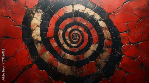 Abstract spiral on cracked red surface: dynamic fractured patterns and textures