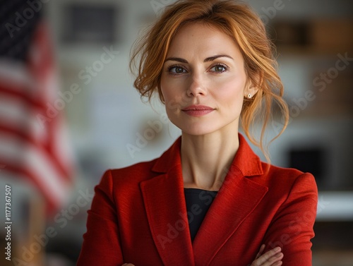 A poised and confident woman in formal attire, standing before an American flag, symbolizing leadership, empowerment, and professionalism