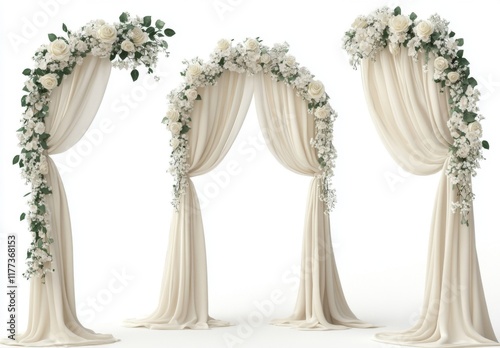 3D Realistic Wedding Arches with White and Beige Flowers, Curtains, and Garlands. Collection Set on White Background.