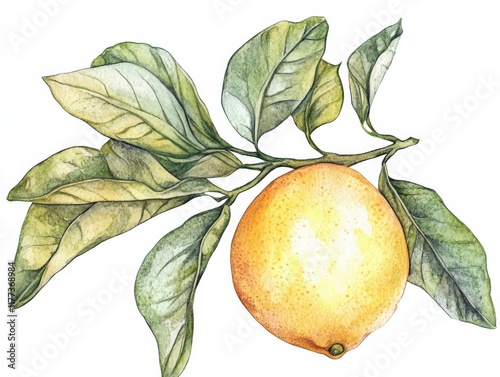 Watercolor painting of a lemon on a branch with green leaves