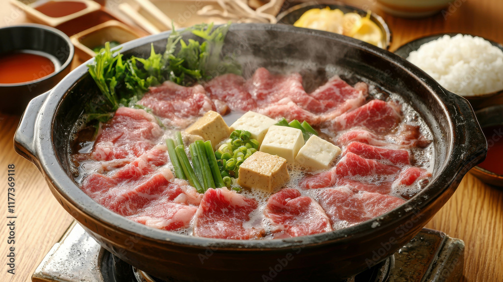 Cozy Japanese Kitchen with Hot Pot of Shabu Shabu and Fresh Ingredients Cozy Japanese Kitchen with Hot Pot of Shabu Shabu and Fresh Ingredients