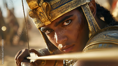 Egyptian chariot archer in gold-adorned armor with a focused expression, symbolizing precision and power, perfect for historical campaigns or cinematic visuals