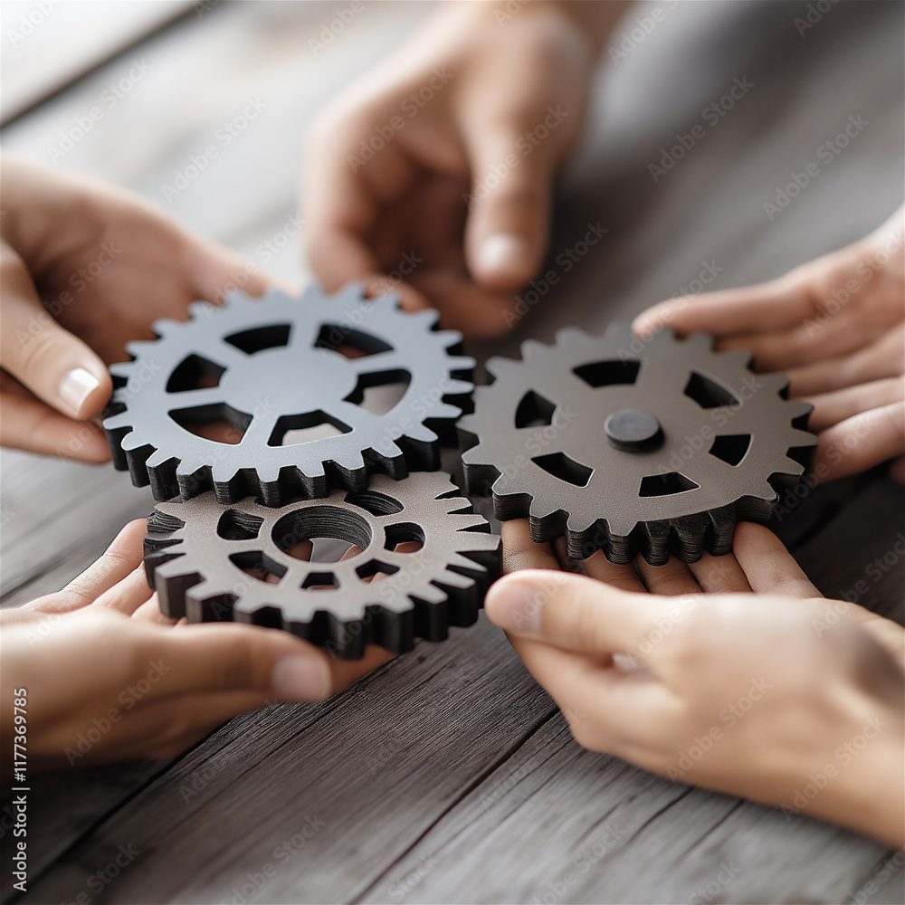 Hands collaborating to connect gears on a wooden desk, symbolizing teamwork and collaboration for innovative problem-solving in the workplace. Hands collaborating to connect gears on a wooden desk, symbolizing teamwork and collaboration for innovative problem-solving in the workplace.
