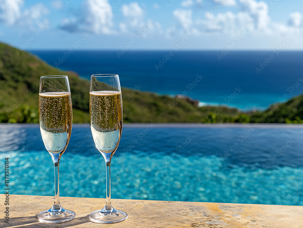Two glasses of champagne with panoramic sea views Two glasses of champagne with panoramic sea views