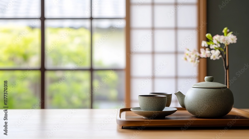 Elegant Tea Ceremony Setup in a Minimalist Office Space Promoting Asian Efficiency and Mindfulness