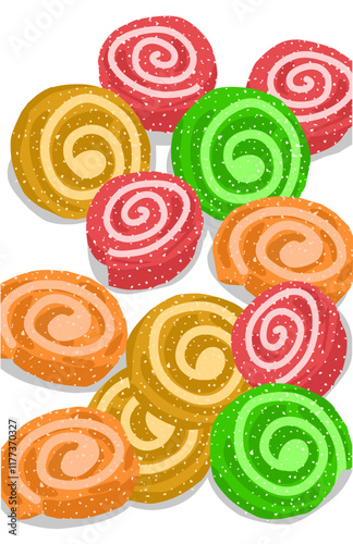 Delicious Colorful sweet roll gummy chewy candys issolated on white. Colorful poster
