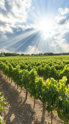 Green vineyards stretch across the landscape in Chablis, with sun rays breaking through leaves and a dirt path leading forward photo