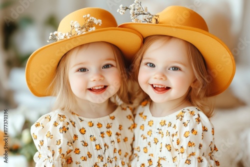 Two identical twins laughing together while wearing matching outfits in a sunny park