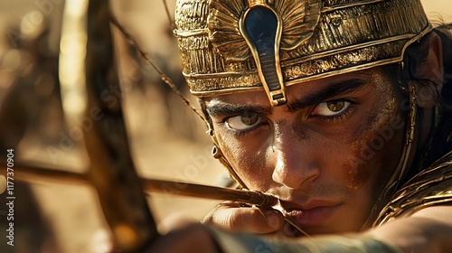 Egyptian chariot archer in gold-adorned armor with a focused expression, symbolizing precision and power, perfect for historical campaigns or cinematic visuals